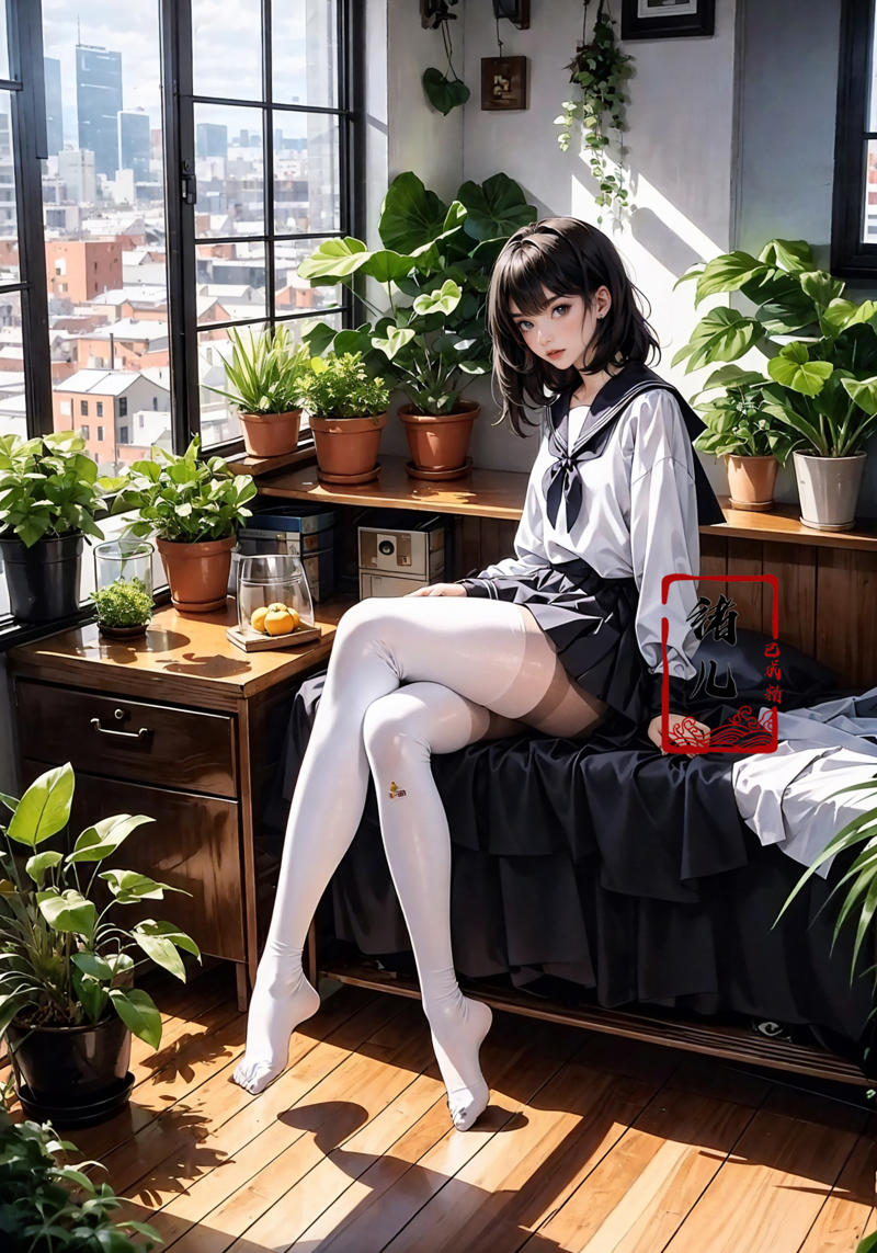 606247209521969373-2592510912-Epic CG masterpiece, an anime girl in a room with plants, no shoes, Black transparent pantyhose, pleated skirt, Sailor suit, sai.jpg